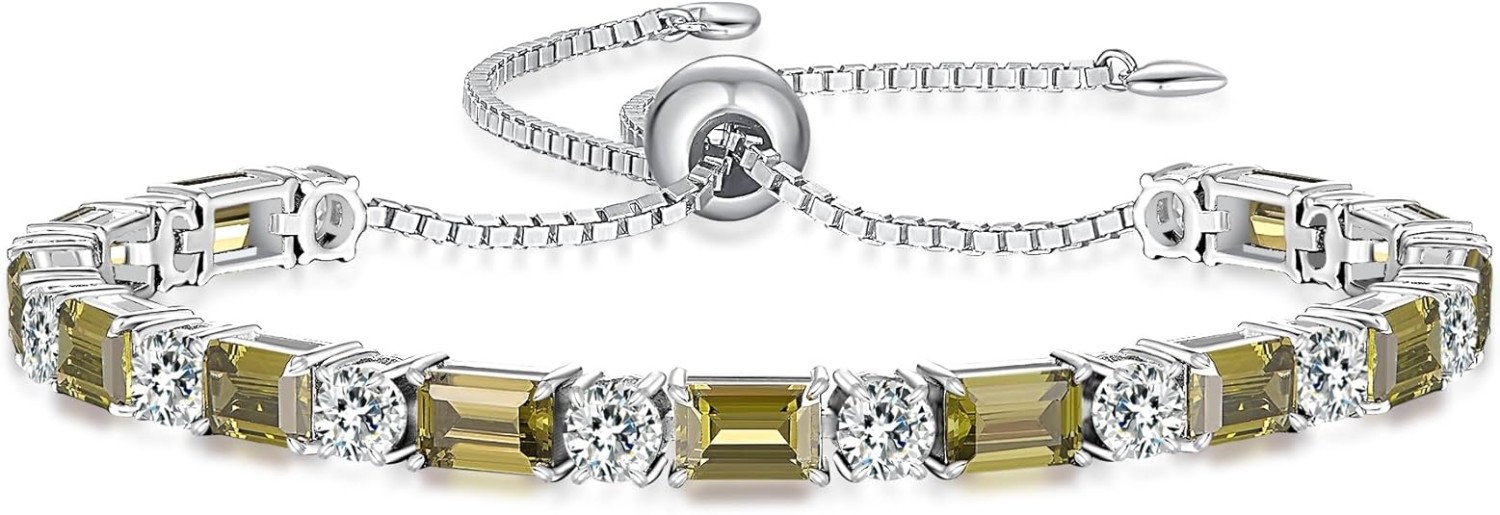 Birthstone Tennis Bracelets for Women White Gold Sterling Silver Gemstone Bracelets Adjustable Chain 6-9 Inchs Jewelry Anniversary Birthday Gifts for Women Mom Wife Her